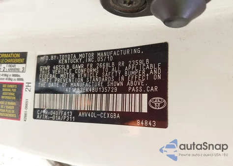 2011 Toyota Camry Hybrid из США, поврежденный, VIN 4T1BB3EK4BU135729